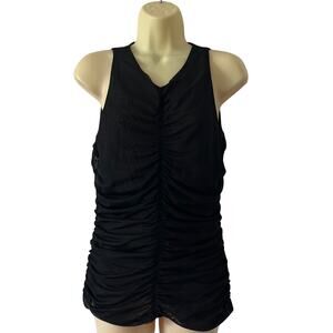 White House Black Market S Black Sleeveless Mesh Knit Top Blouse Ruched Bodycon